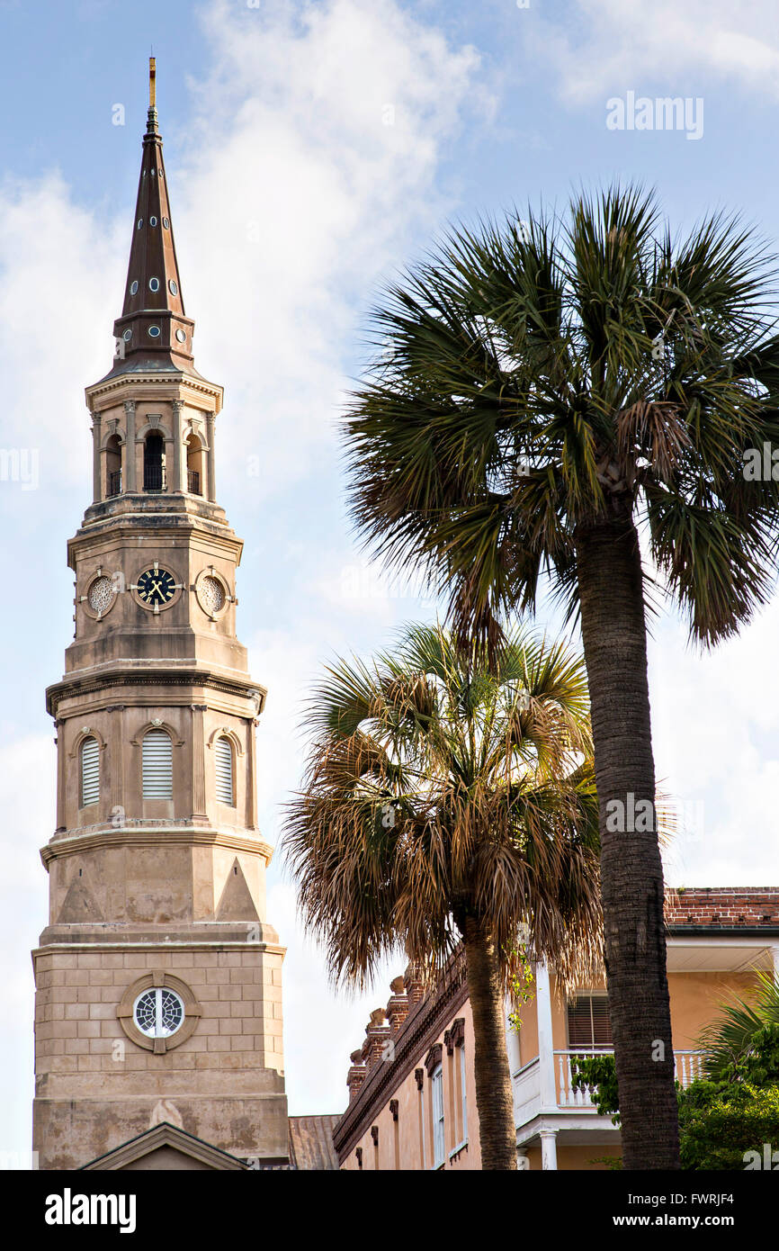 Steeple on St Philips Church on Church Street in historic Charleston