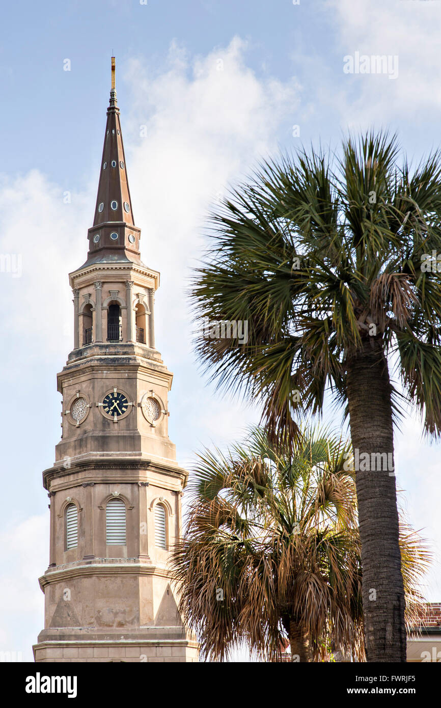 Steeple on St Philips Church on Church Street in historic Charleston, South Carolina Stock Photo