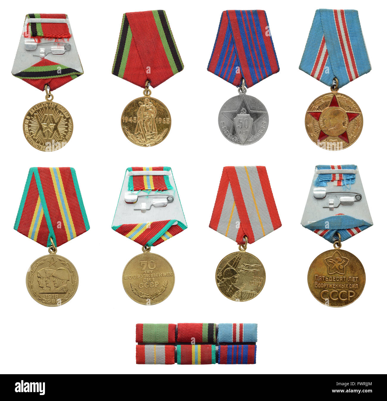 Collection of the Soviet military badges and ribbon bars isolated on white Stock Photo