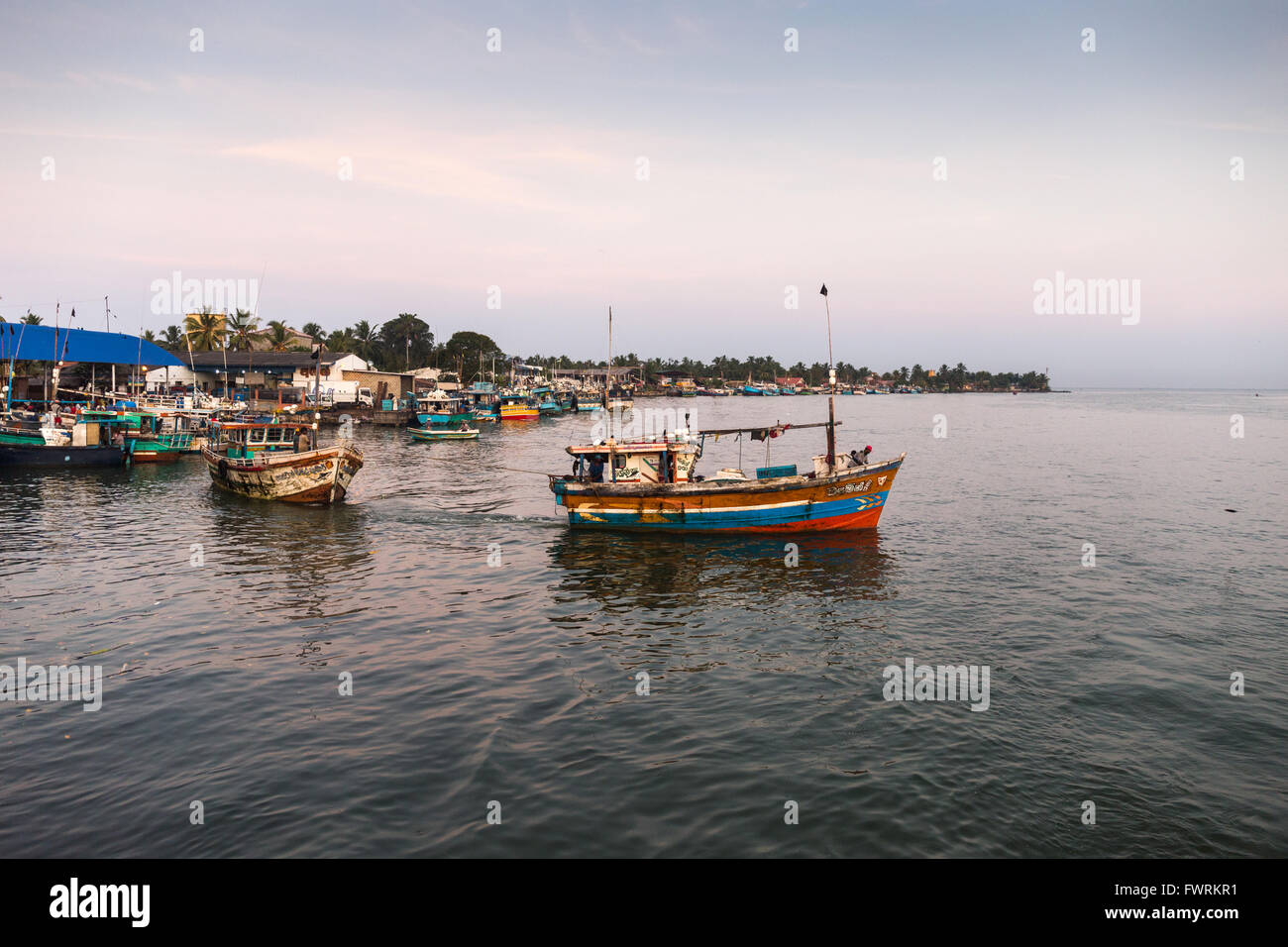 Traditional colorful fishing boats in Negombo harbour, Sri Lanka, Asia Stock Photo