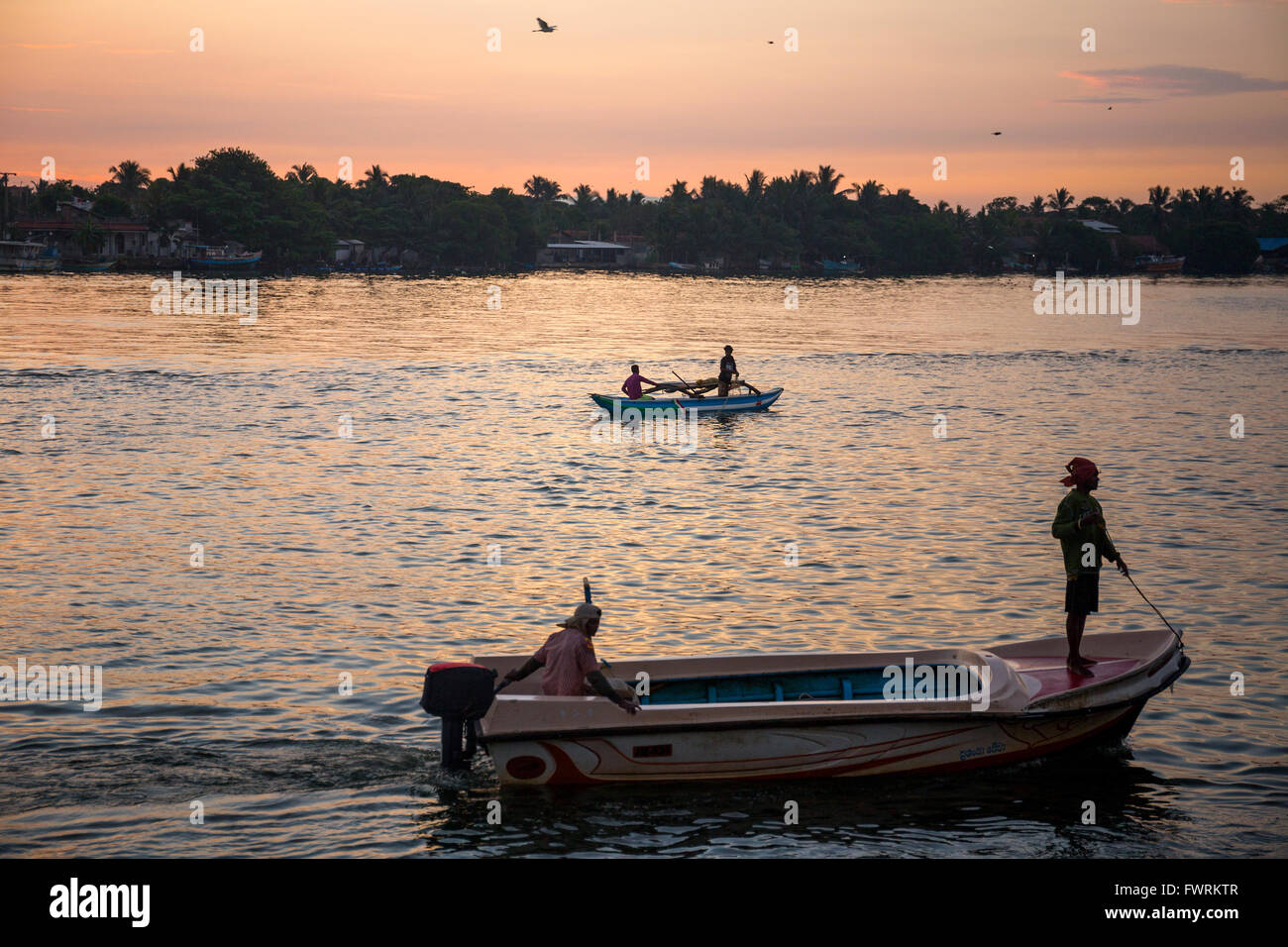 Fishermen on Negombo Lagoon at dawn, Sri Lanka Stock Photo