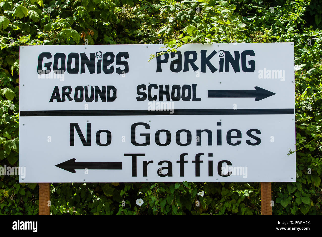 Signs near the Goonies House in Astoria, Oregon. Parking and crowds