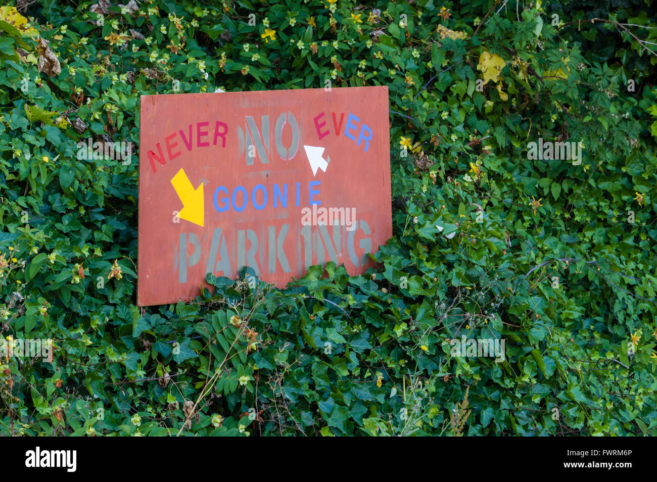 Signs near the Goonies House in Astoria, Oregon. Parking and crowds