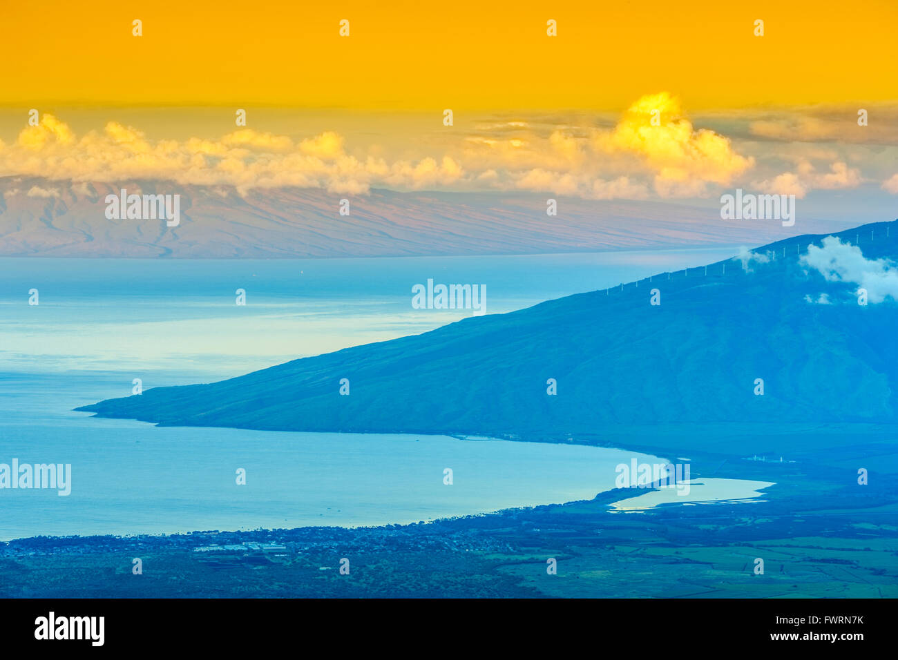 Central Maui and West Maui Mountain and Molokai view at dawn from Haleakala Summit Stock Photo