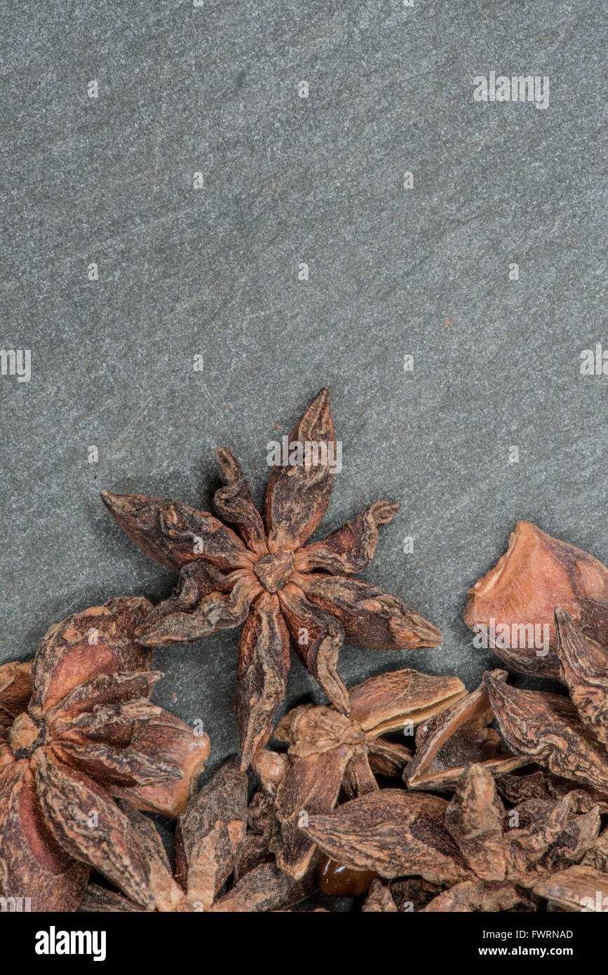 Star Anise on Slate Background with copy space at top Stock Photo