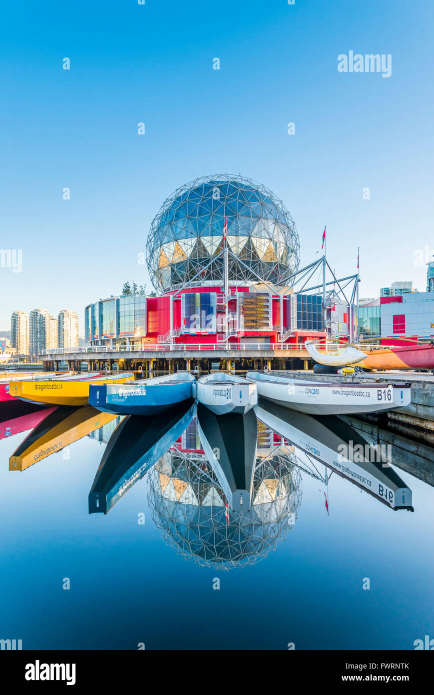 Reflection of Dragon boats, Telus World of Science World, False Creek, Vancouver British Columbia, Canada Stock Photo