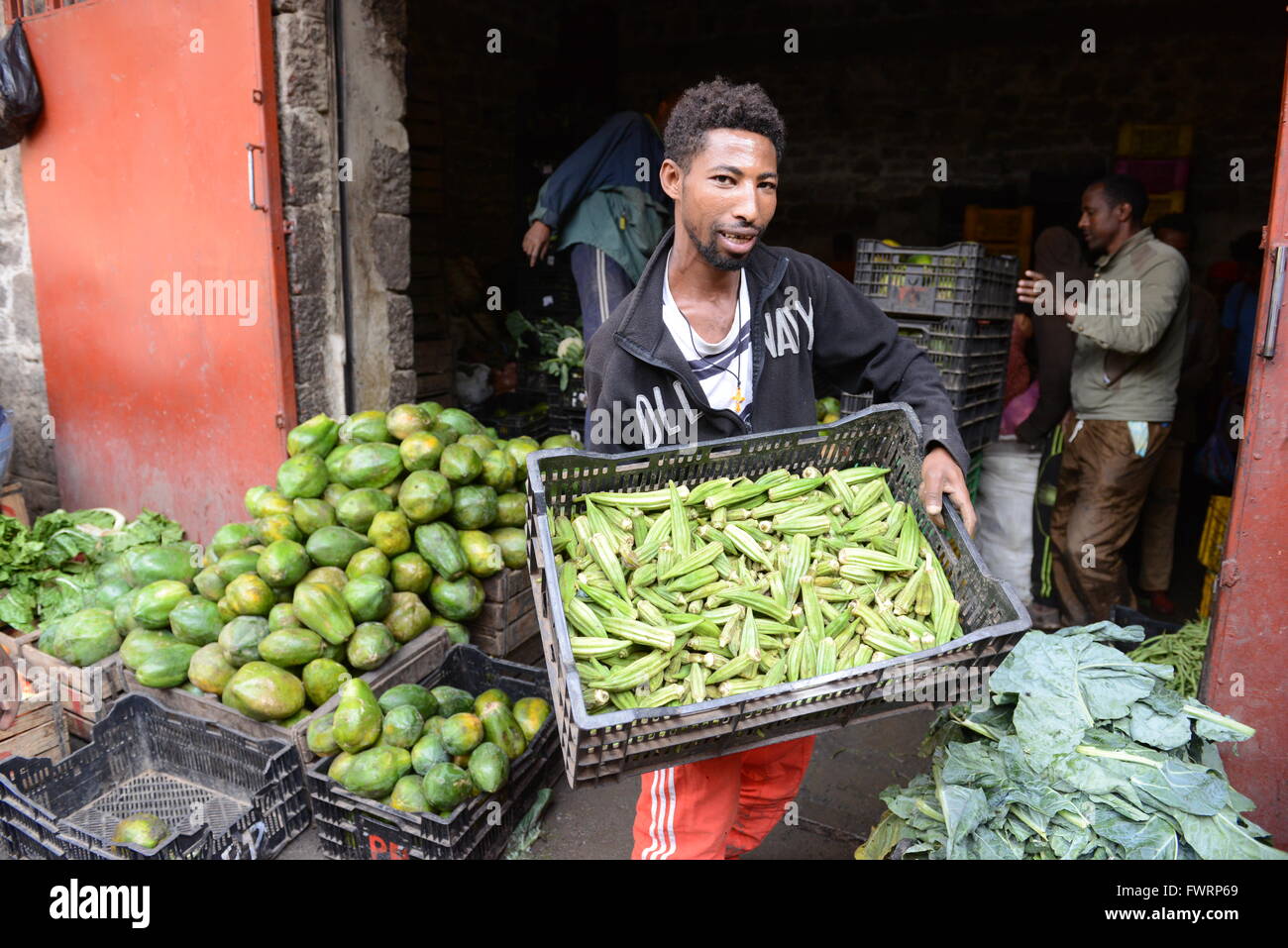 Ethiopian okra sold in the vibrant markets of Addis Ababa. Stock Photo