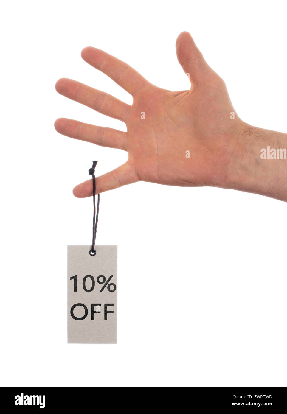 Tag tied with string, price tag - 10 percent off (isolated on white) Stock Photo