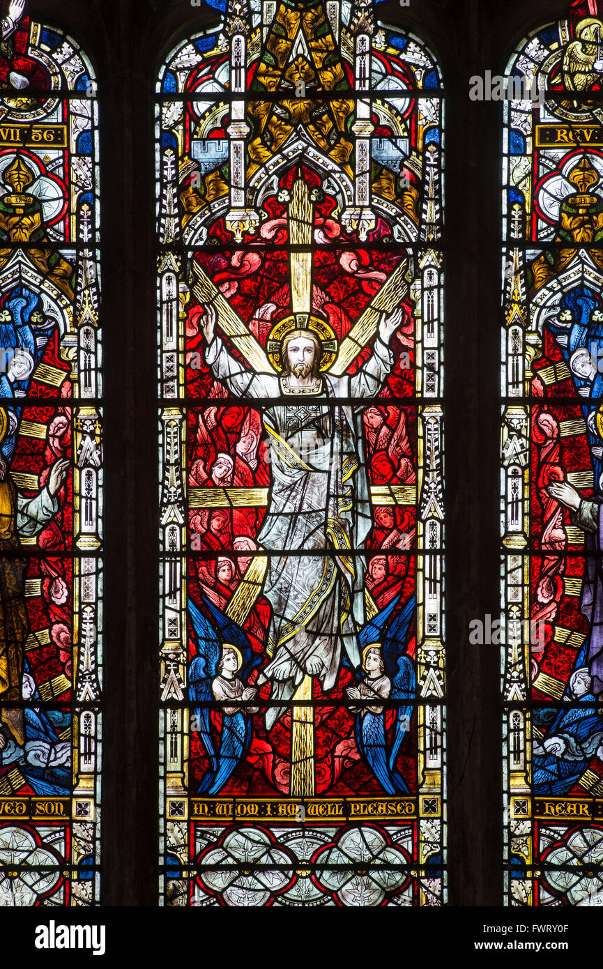 Tewkesbury Abbey stained glass window. Tewkesbury, Gloucestershire, England Stock Photo