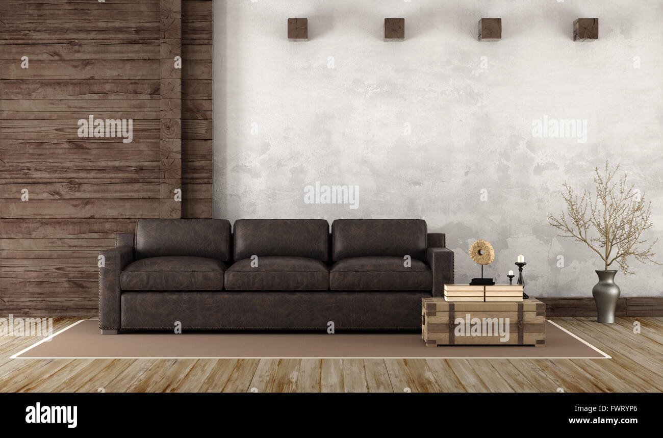 Home interior in rustic style with leather couch and old wooden paneling - 3d Rendering Stock Photo