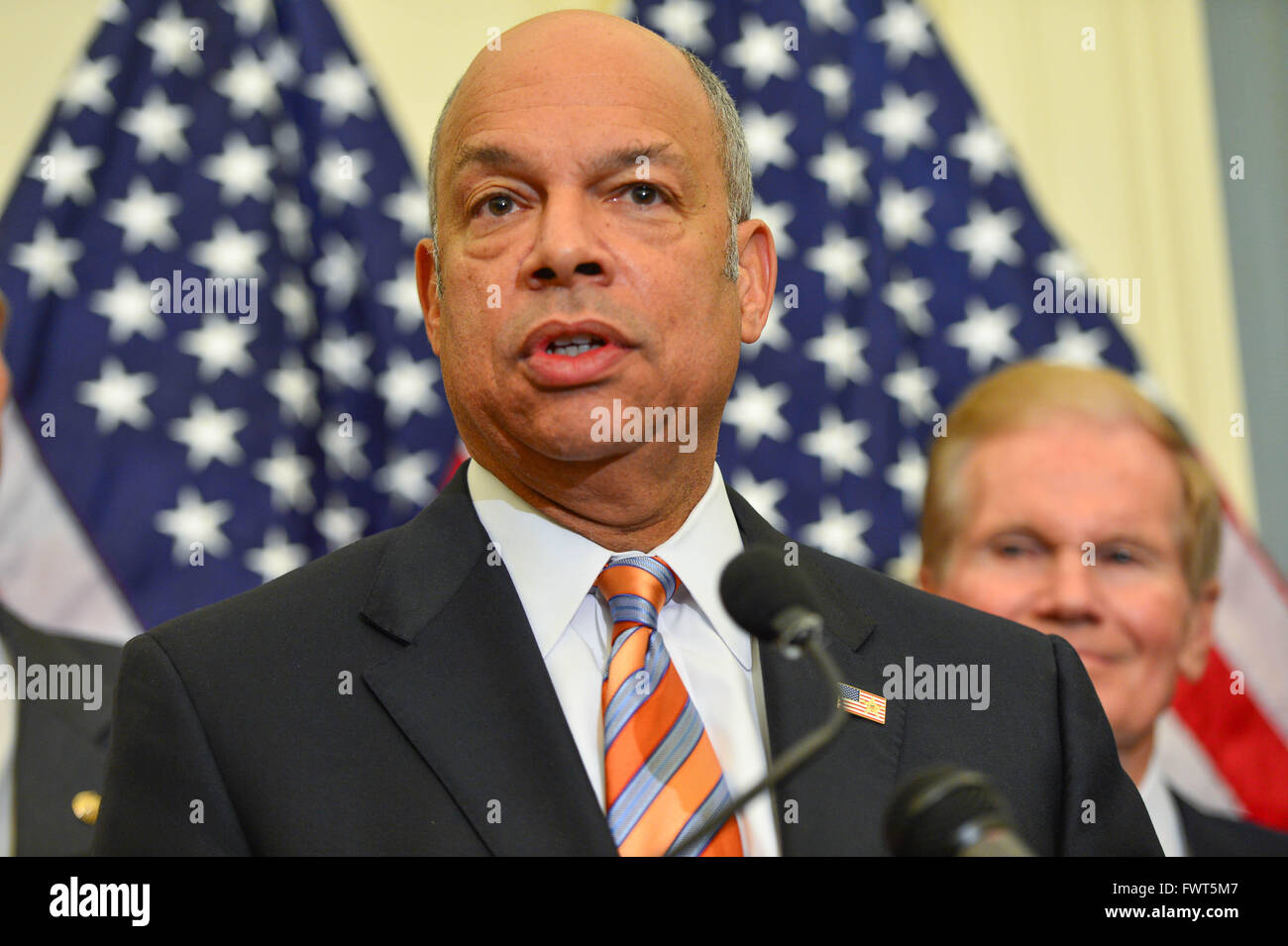 Department of Homeland Security Secretary Jeh Johnson joined by Democratic Senators announces a new proposal to strengthen U.S. airport security on Capitol Hill April 5, 2016 in Washington, DC. Stock Photo