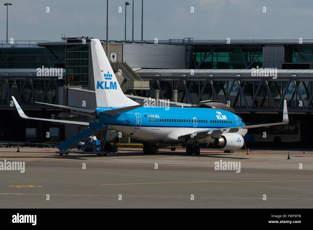 KLM airplane stands on the tarmac at the Schiphol Airport in Amsterdam