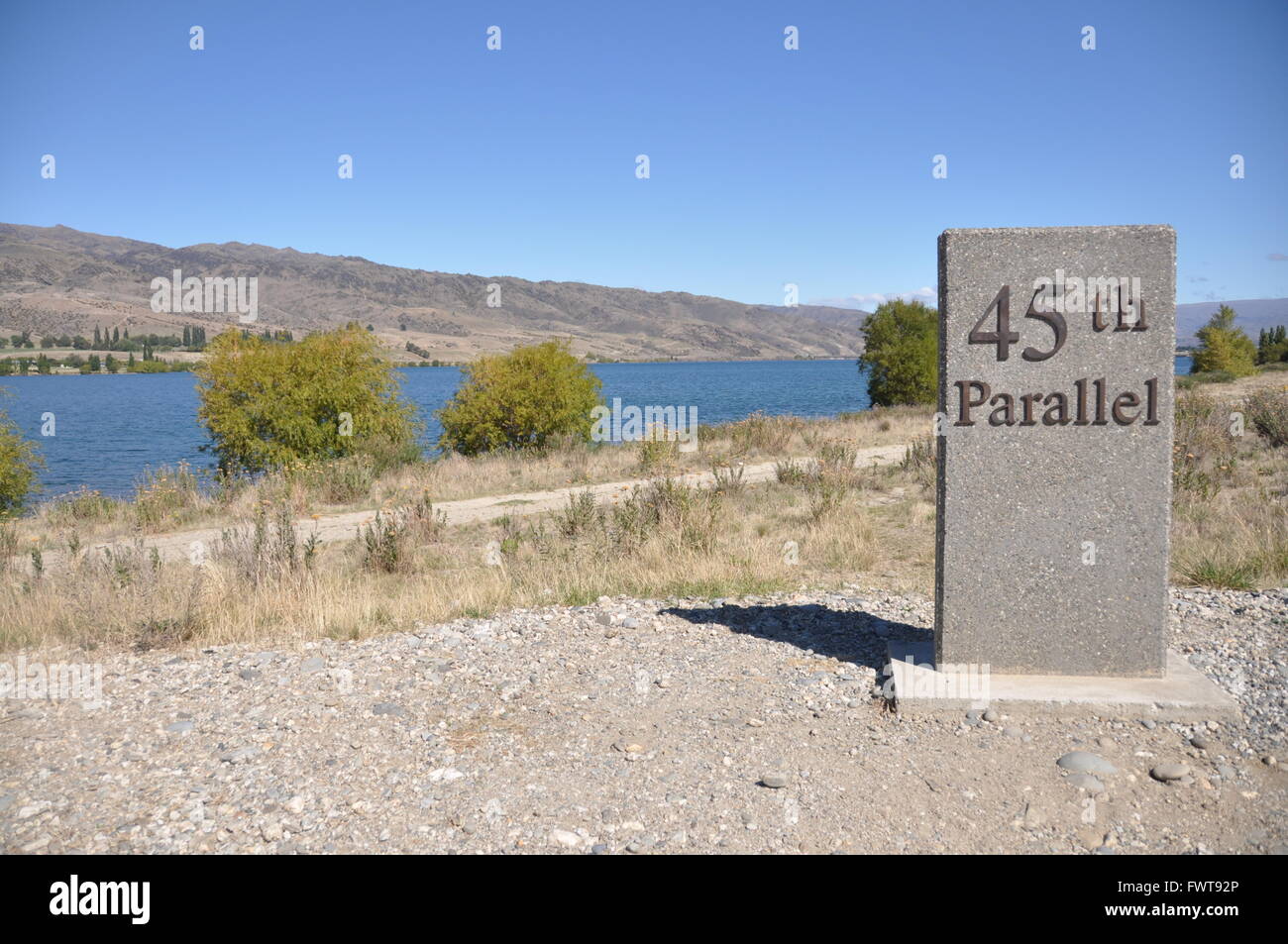 45th Parallel Marker   new zealand Stock Photo
