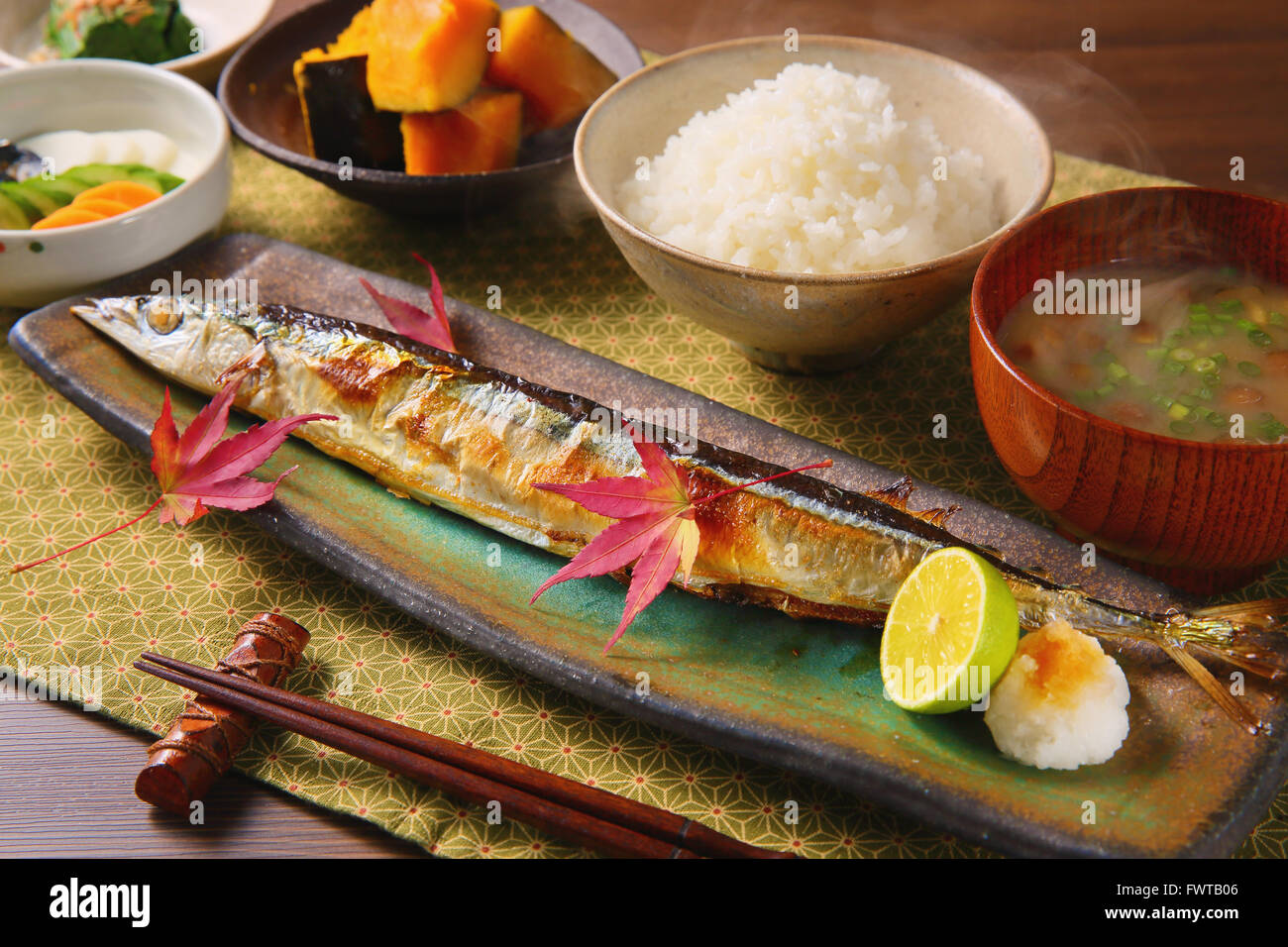 Japanese style Pacific saury dish Stock Photo