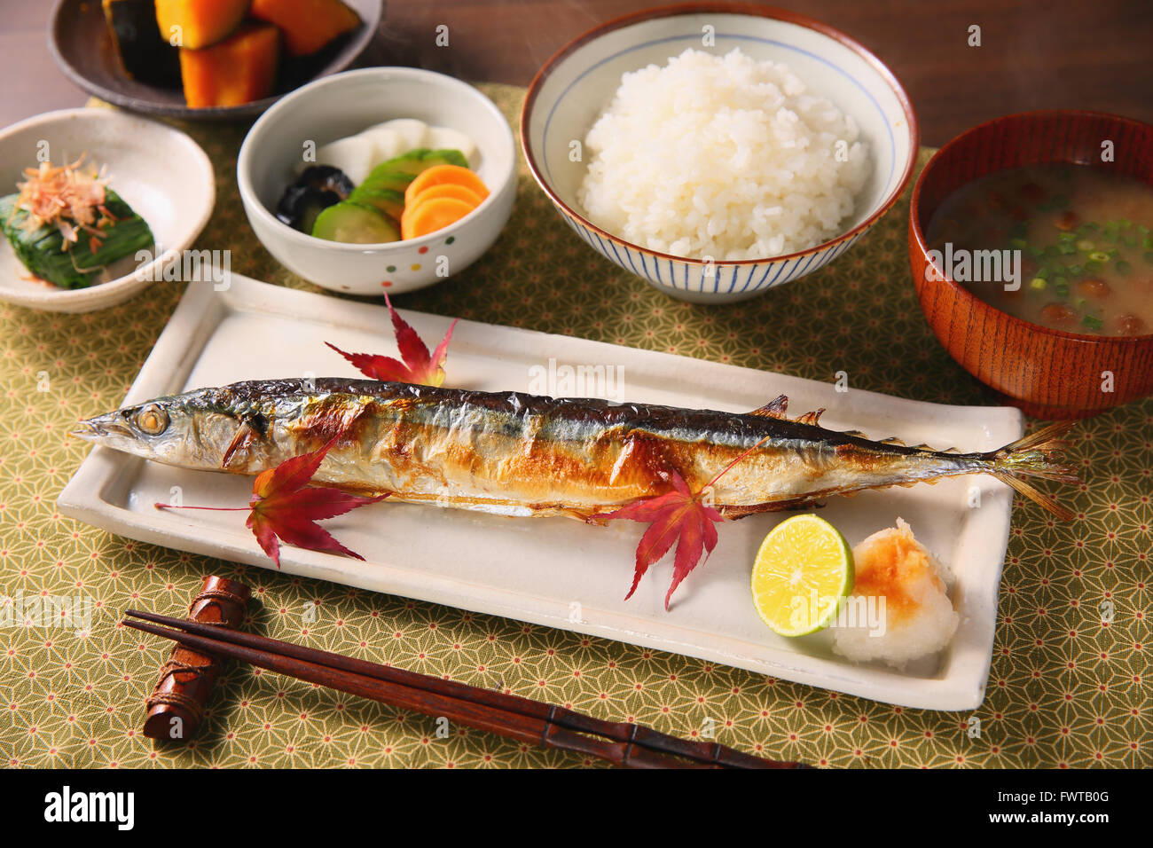Japanese style Pacific saury dish Stock Photo