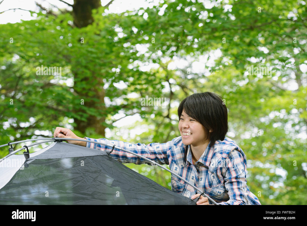 Young Japanese woman putting up a tent at a camp site Stock Photo