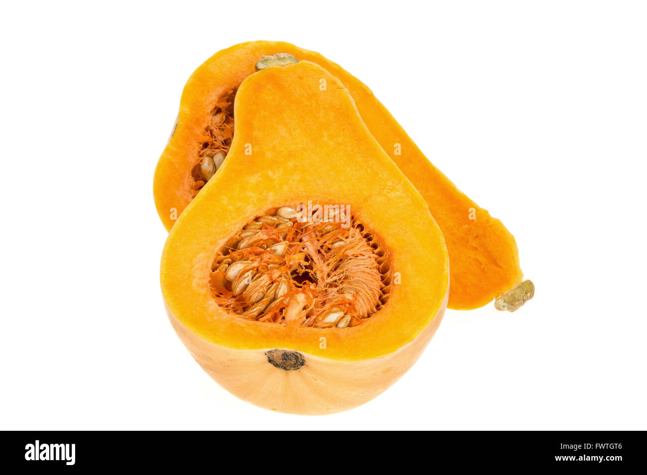 Butternut Squash cut in half with a white background Stock Photo