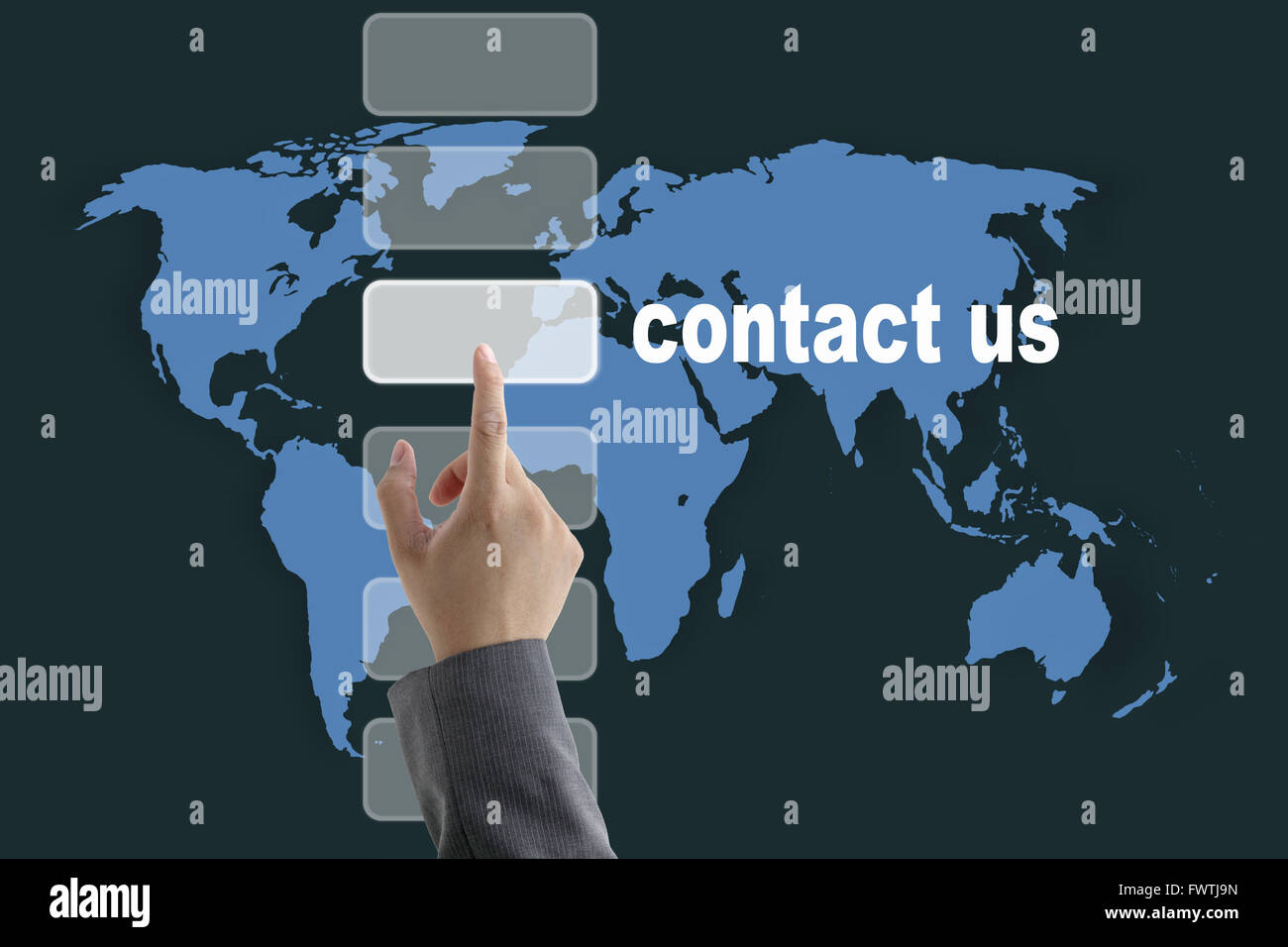 male business hand pushing on contact us button with world map background Stock Photo
