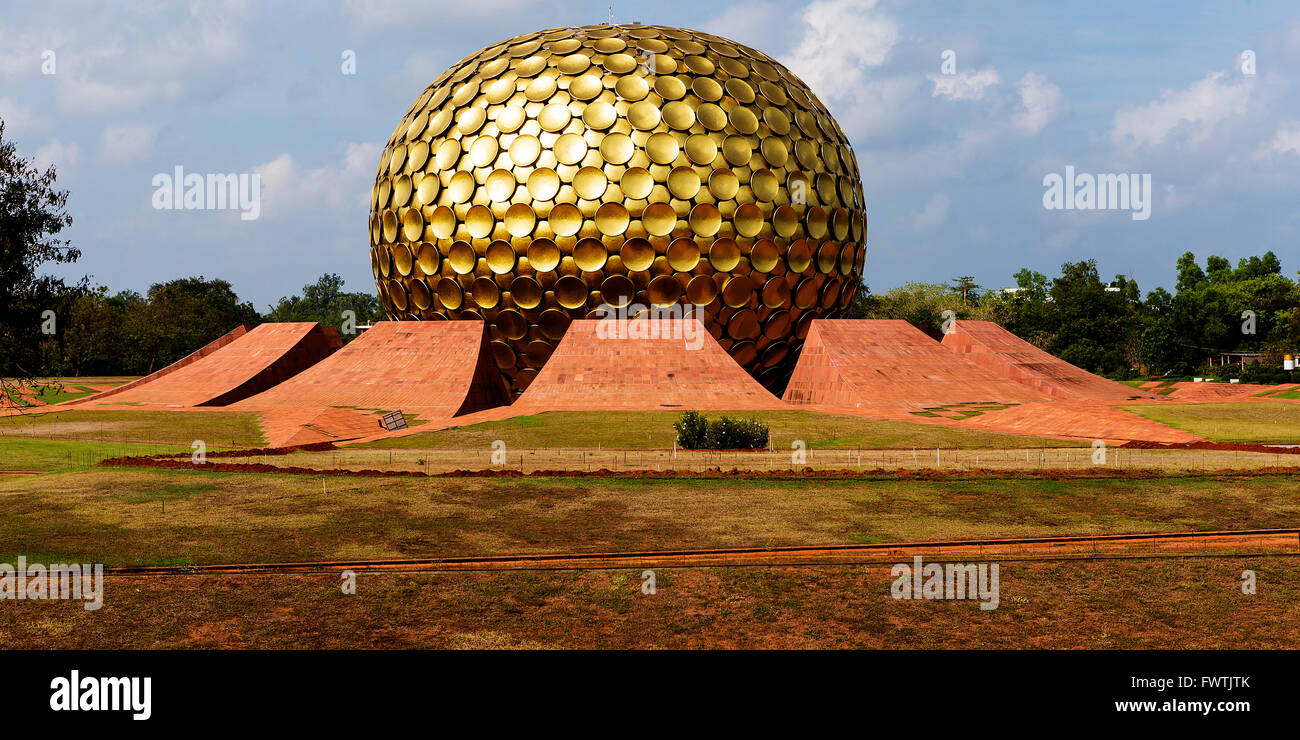 The Matrimandir, at Auroville, an experimental township in Viluppuram district in the state of Tamil Nadu Stock Photo