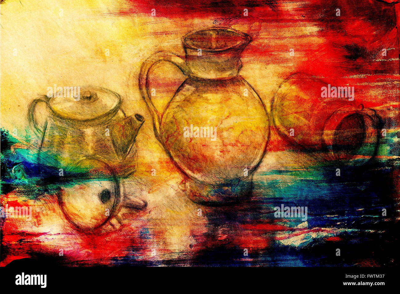 still life drawing. Original hand draw on paper. Teapot, jug, funnel and cans. Stock Photo
