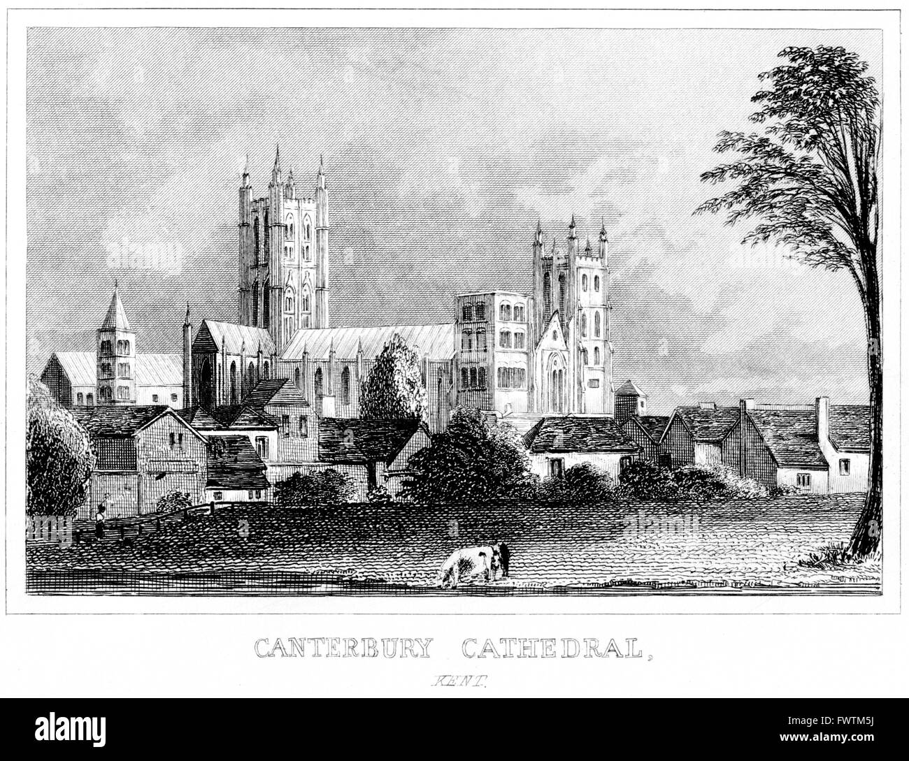 An engraving of Canterbury Cathedral, Kent scanned at high resolution from a book printed around 1845. Believed copyright free. Stock Photo