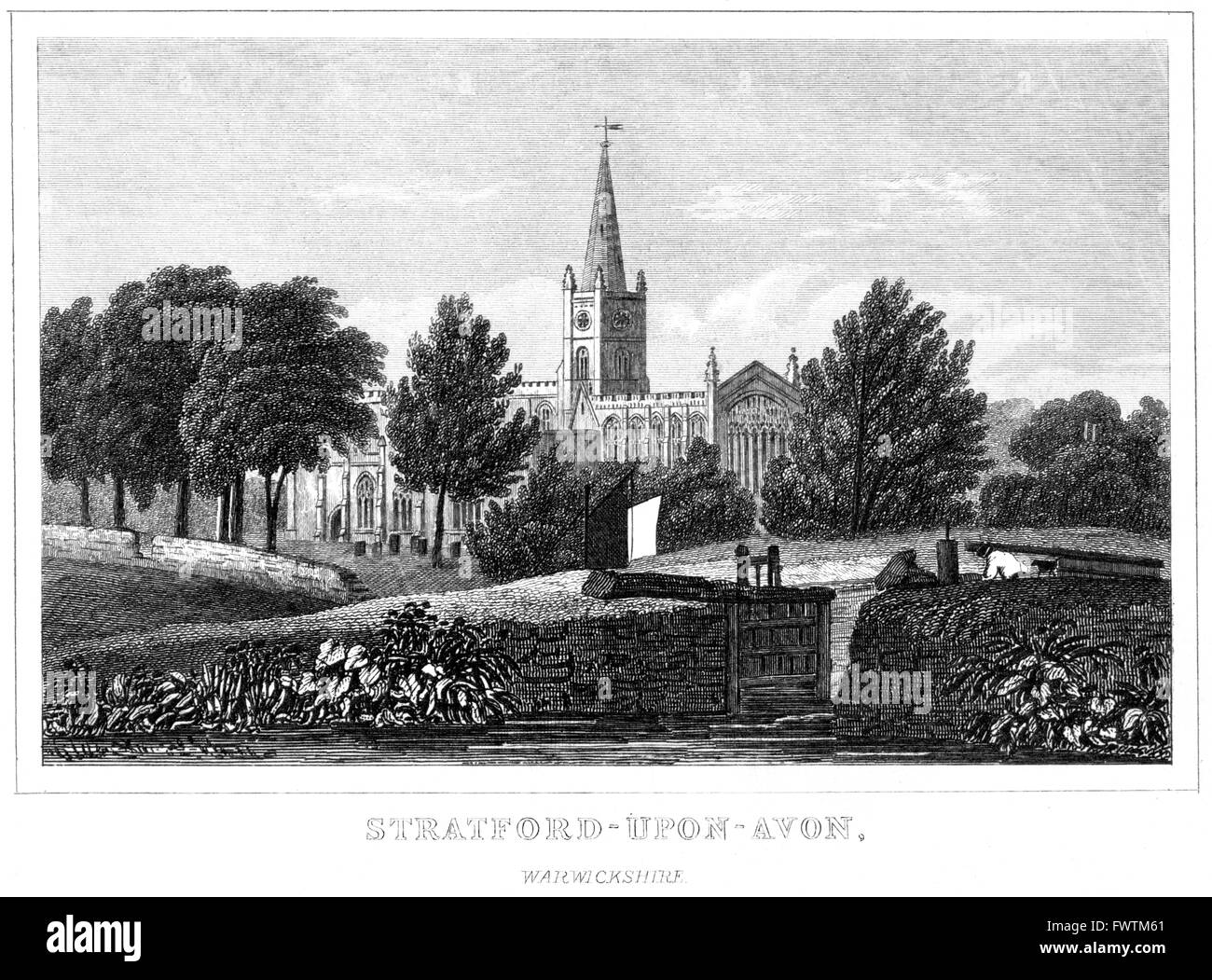 An engraving of Stratford upon Avon, Warwickshire scanned at high