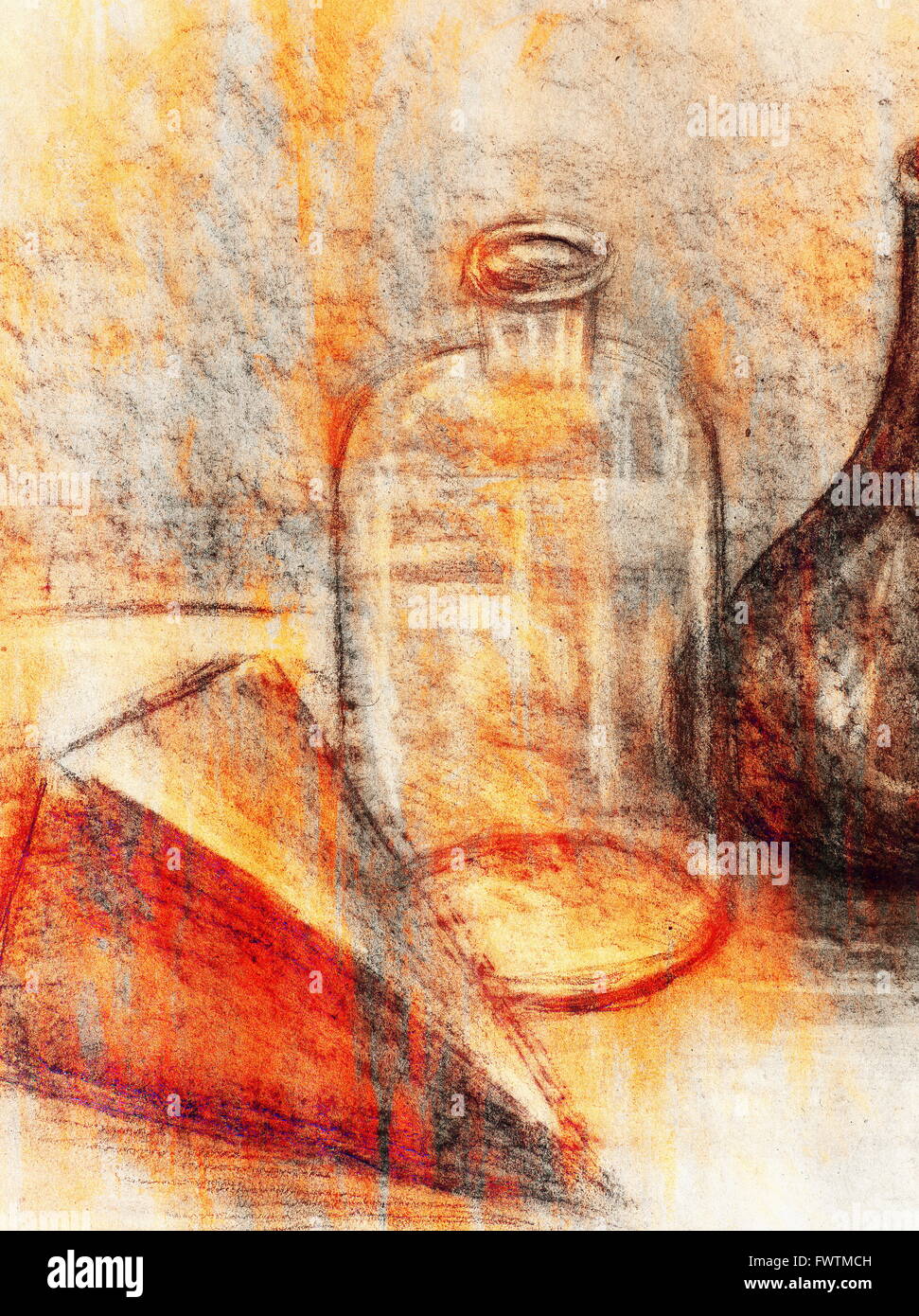 Drawing glass bottle on paper. Original hand draw and Color effect. Stock Photo