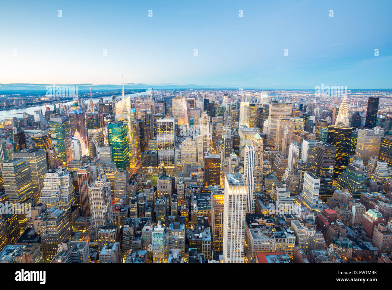 Aerial New York City skyline urban skyscrapers at dusk, USA Stock Photo ...
