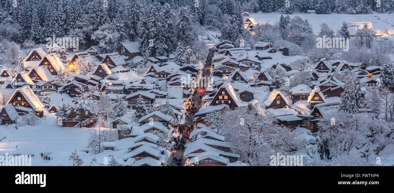 Shirakawago lightup with Snowfall Gifu Chubu Japan Panorama Stock