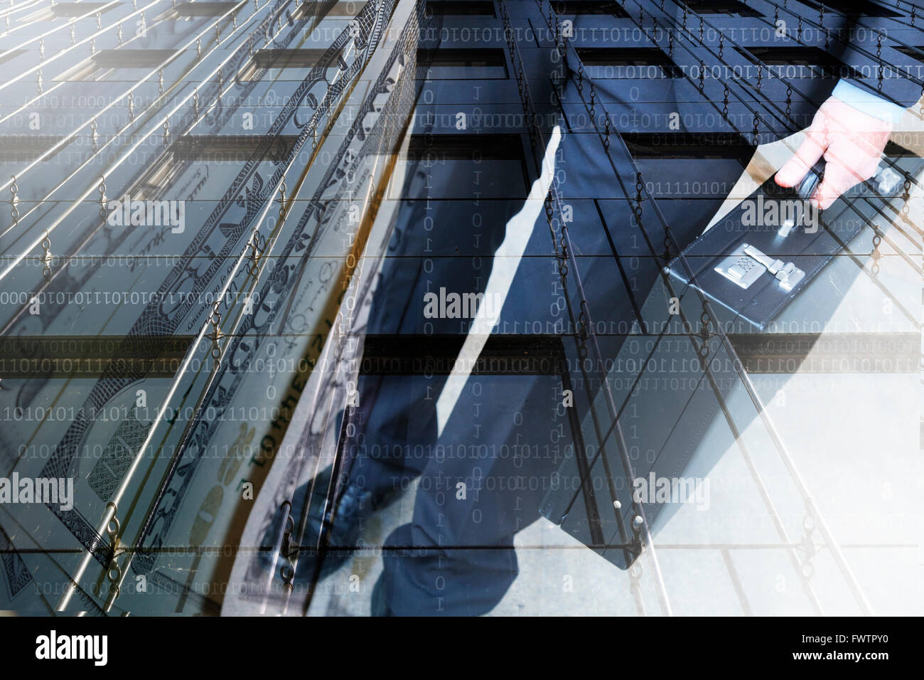 Businessman with briefcase, office building, Dollar notes and data