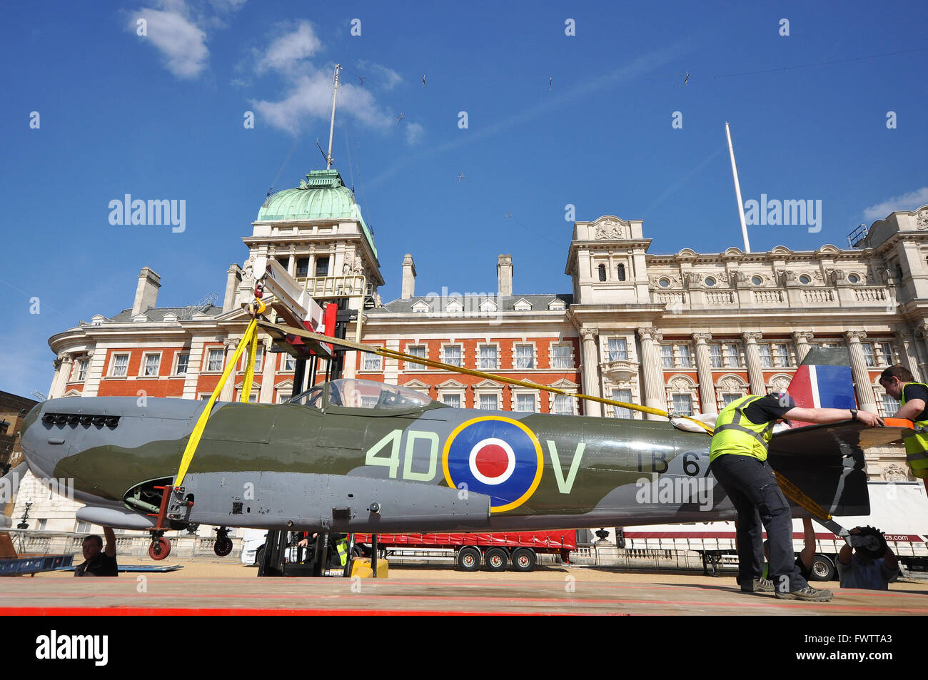 For the 98th anniversary of the Royal Air Force three aircraft from the RAF Museum were displayed in Horse Guards Parade, London, UK. Spitfire Stock Photo