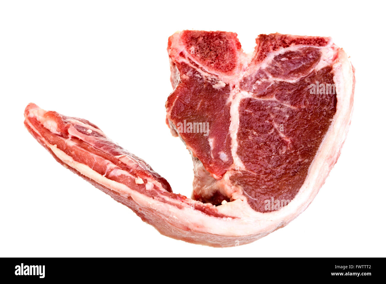 Raw lamb loin chops with fat around the meat isolated over white background Stock Photo