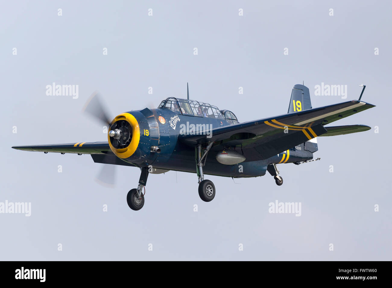 Grumman TBM (TBM-3R) Avenger World War II torpedo bomber aircraft with the civil registration HB-RDG. Stock Photo