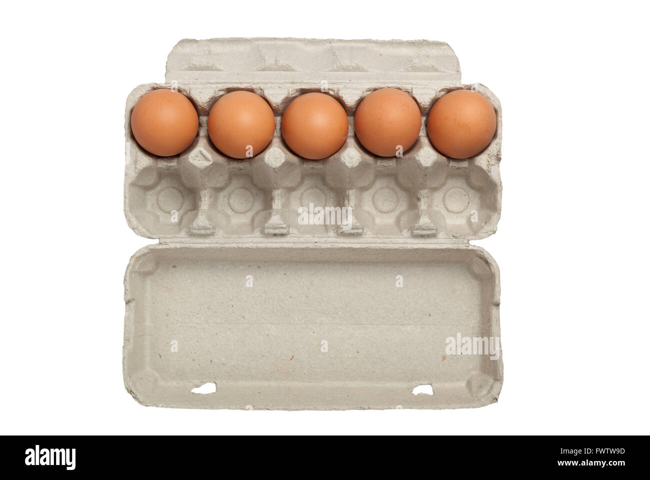 Egg carton half full or half empty of eggs isolated on white background Stock Photo