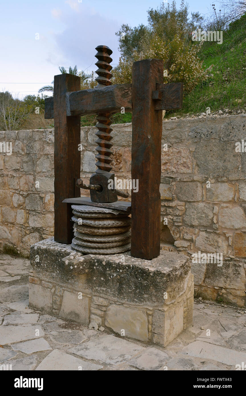 Old Olive Press with wooden screw and baskets Kritou Terra, Cyprus Stock Photo