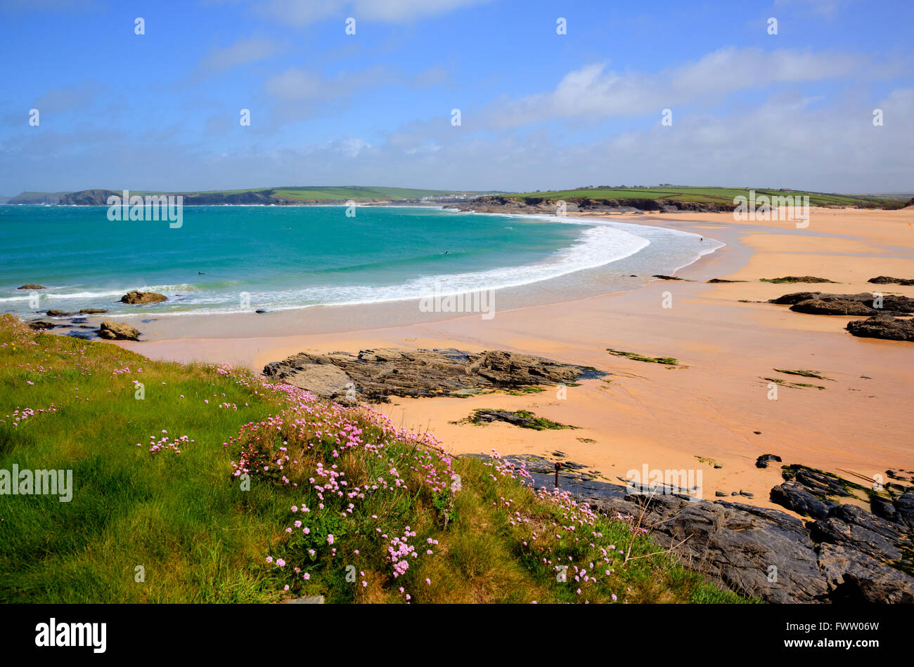 Blue sea cornish beach Harlyn Bay North Cornwall England UK near ...