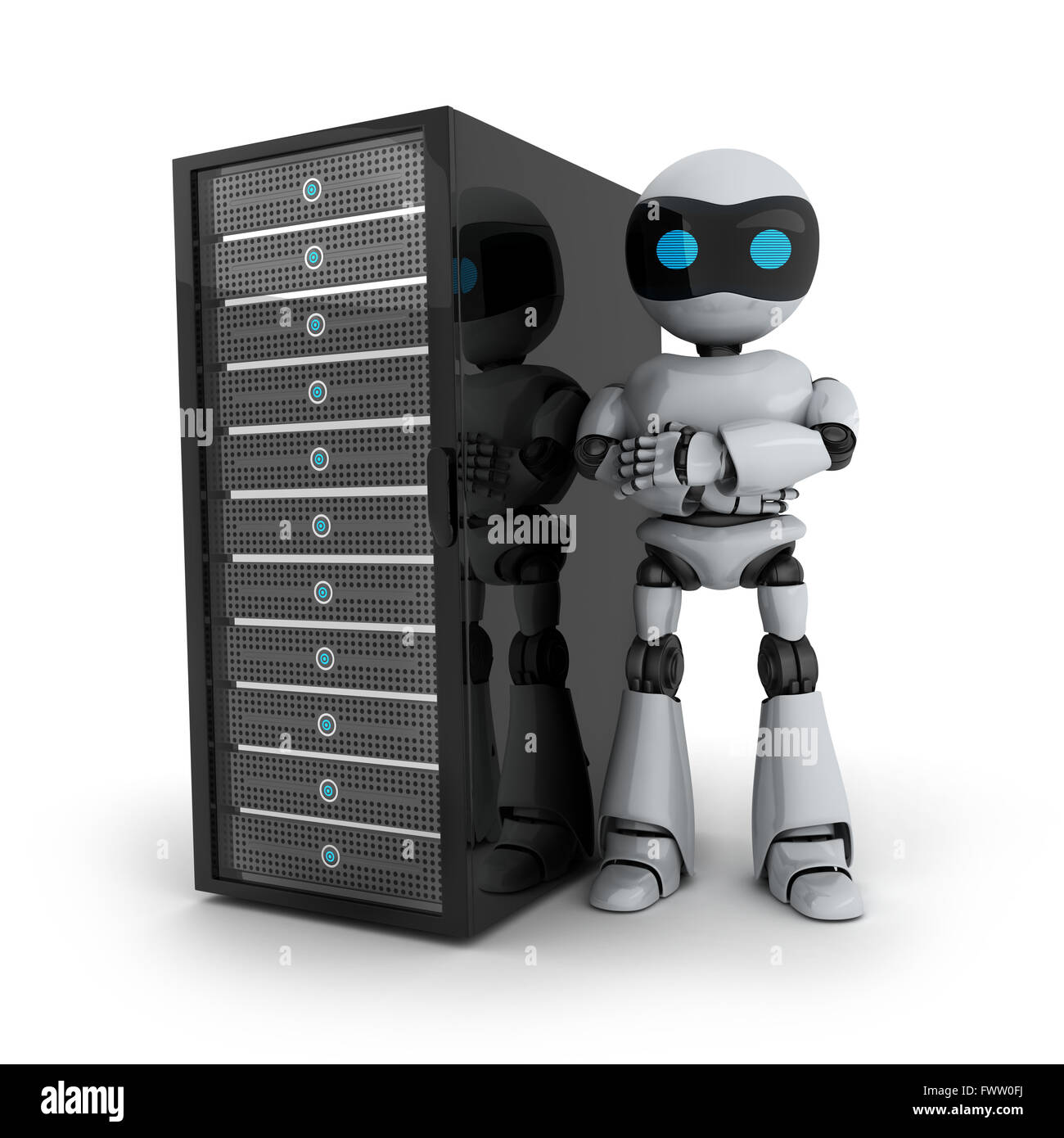 Robot and server on white background (done in 3d) Stock Photo