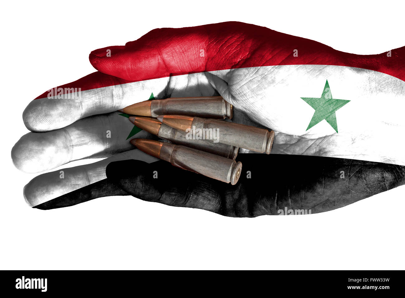 Flag of Iraq overlaid the hand of an adult man holding four bullets. Conceptual image for war, violence, conflicts. Image isolat Stock Photo