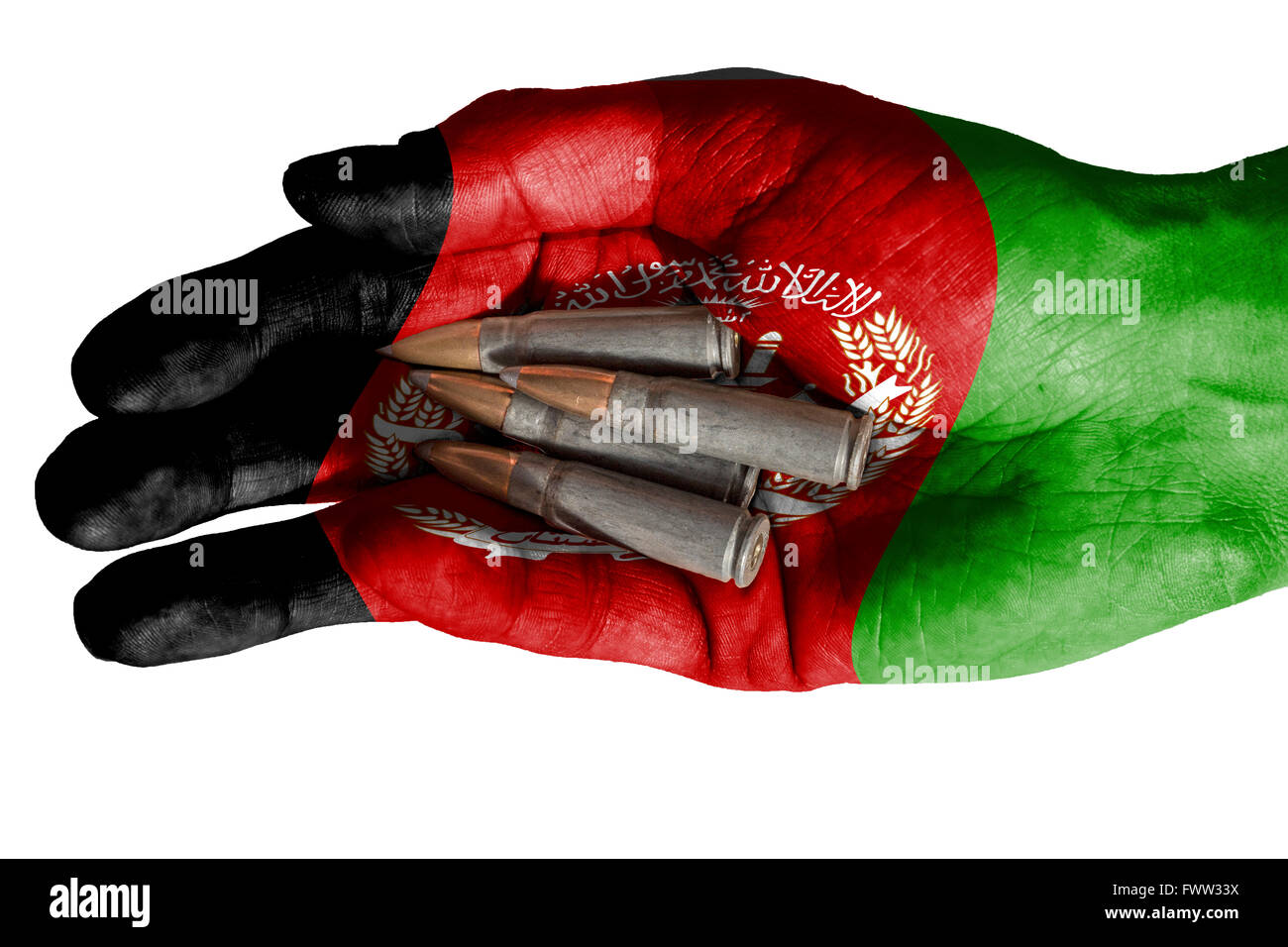 Flag of Afghanistan overlaid the hand of an adult man holding four bullets. Conceptual image for war, violence, conflicts. Image Stock Photo