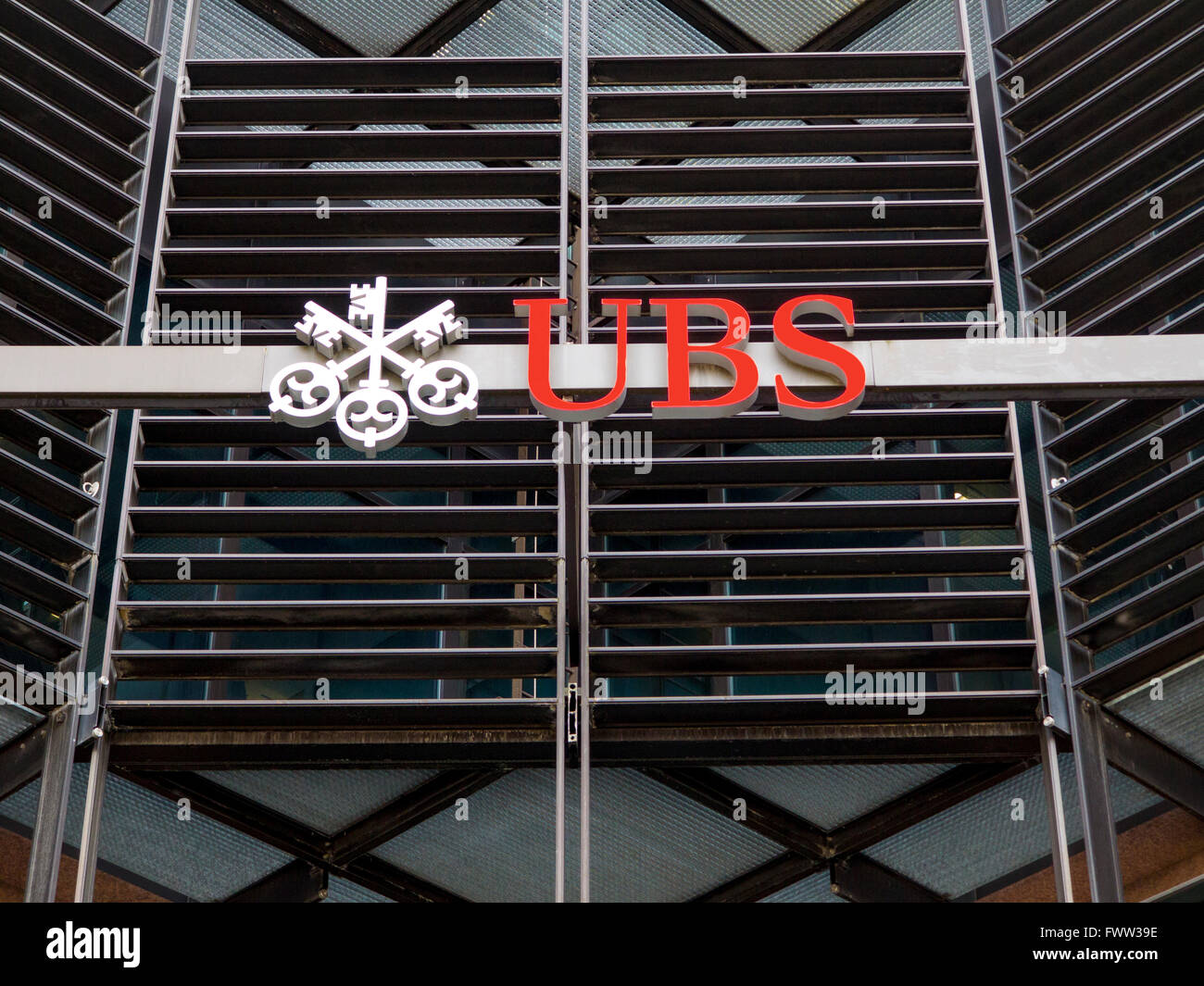 UBS Headquarter in London with Rush Hour statue Stock Photo