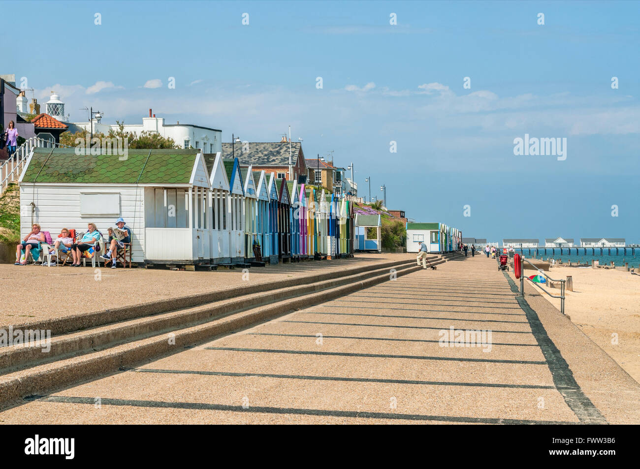 Pensioners relax at the beach of Southwold on the North Sea coast, in the Waveney district of Suffolk, East Anglia, England. Stock Photo