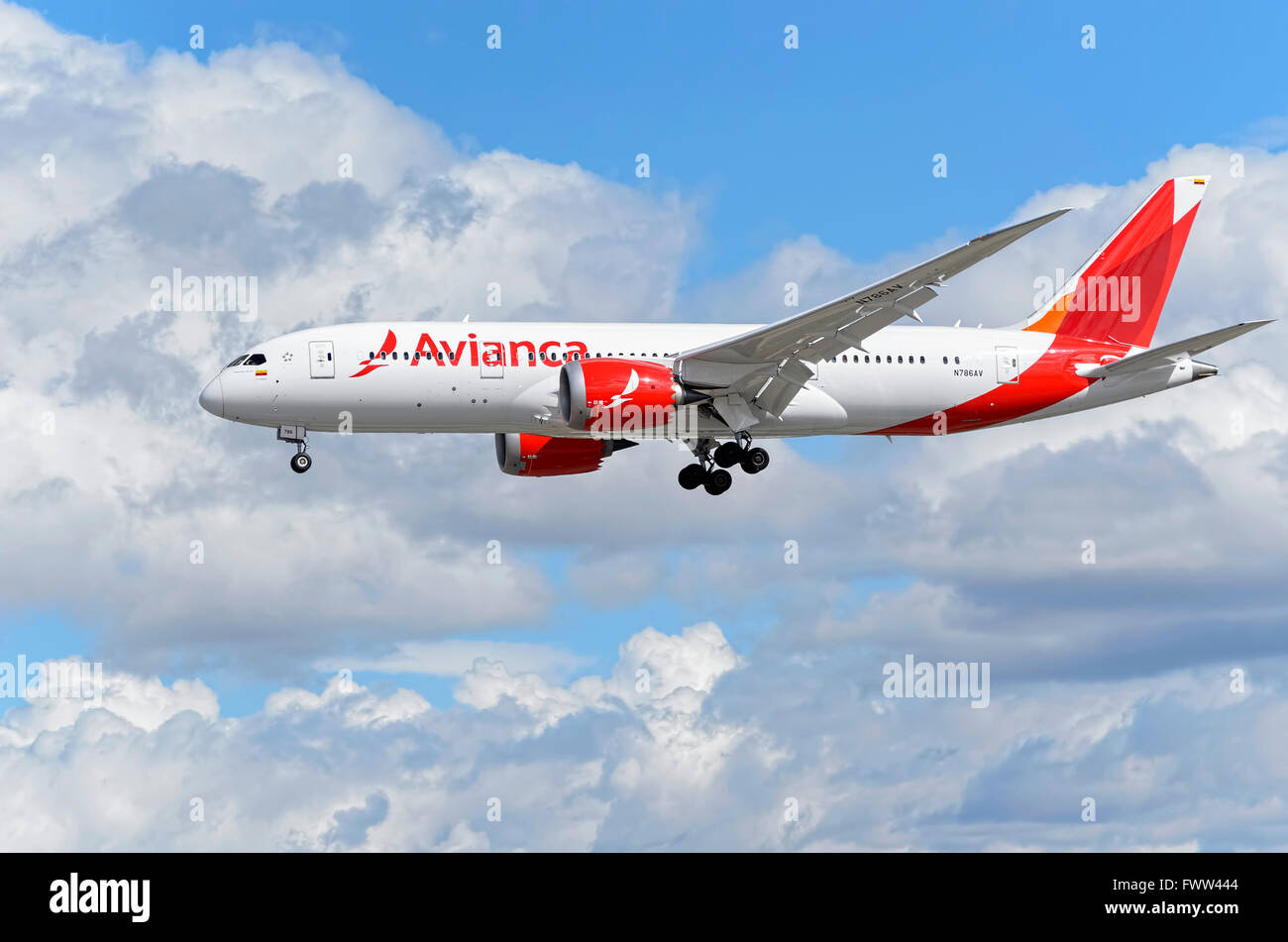 Passenger jet aircraft Boeing 7878 Dreamliner, of Avianca airline