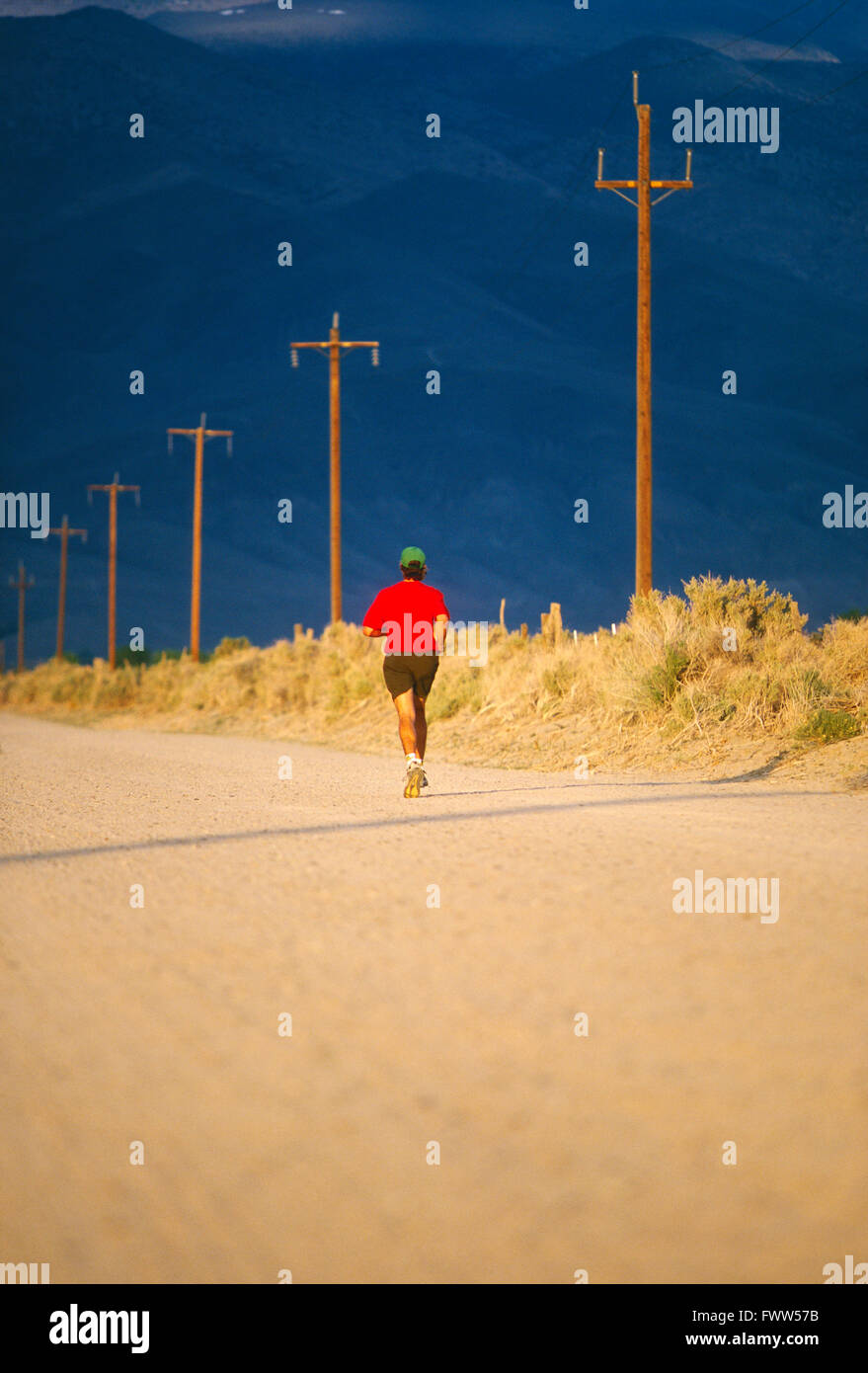 Fit young male athlete trail runner on dirt road in Sierra Nevada foothills; California; USA Stock Photo