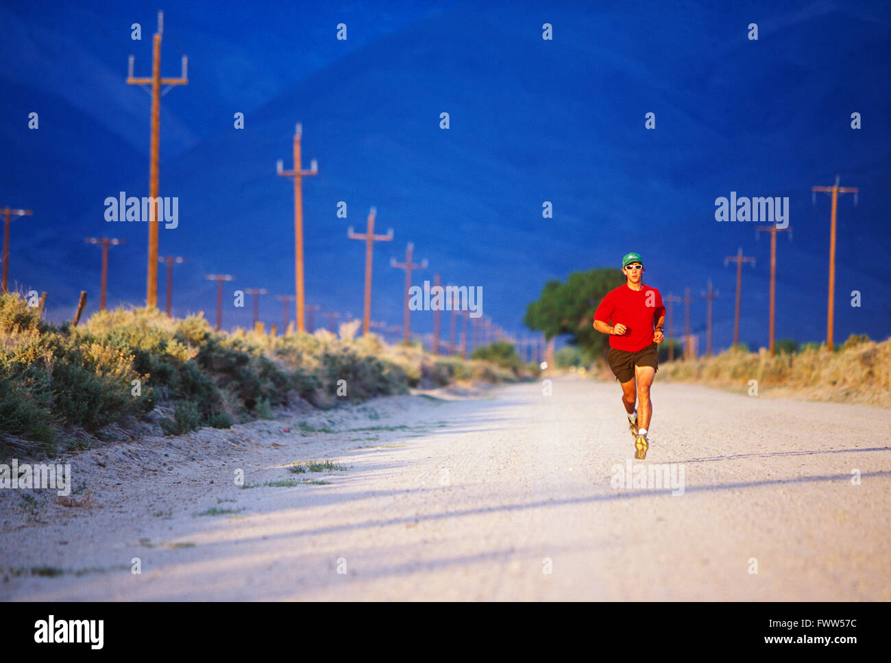 Fit young male athlete trail runner on dirt road in Sierra Nevada foothills; California; USA Stock Photo