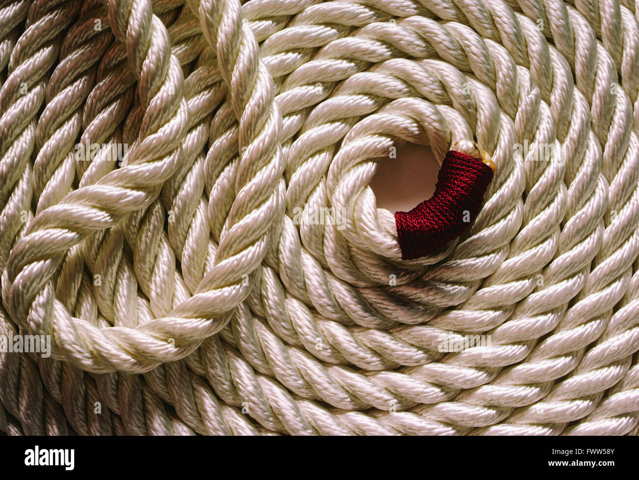 Heavy coiled white marina rope Stock Photo