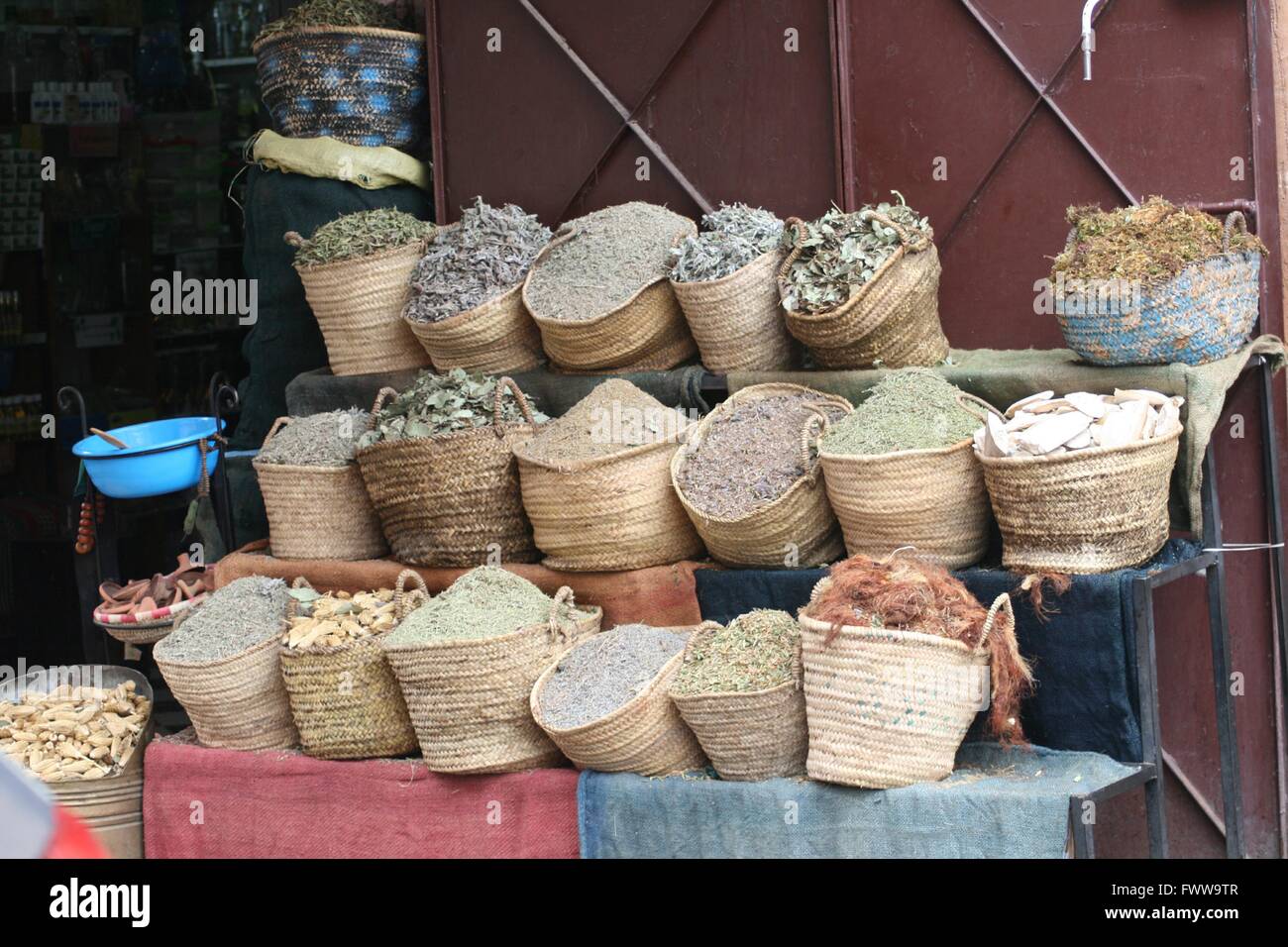 Marrakech market, baskets of herbs and spices Stock Photo