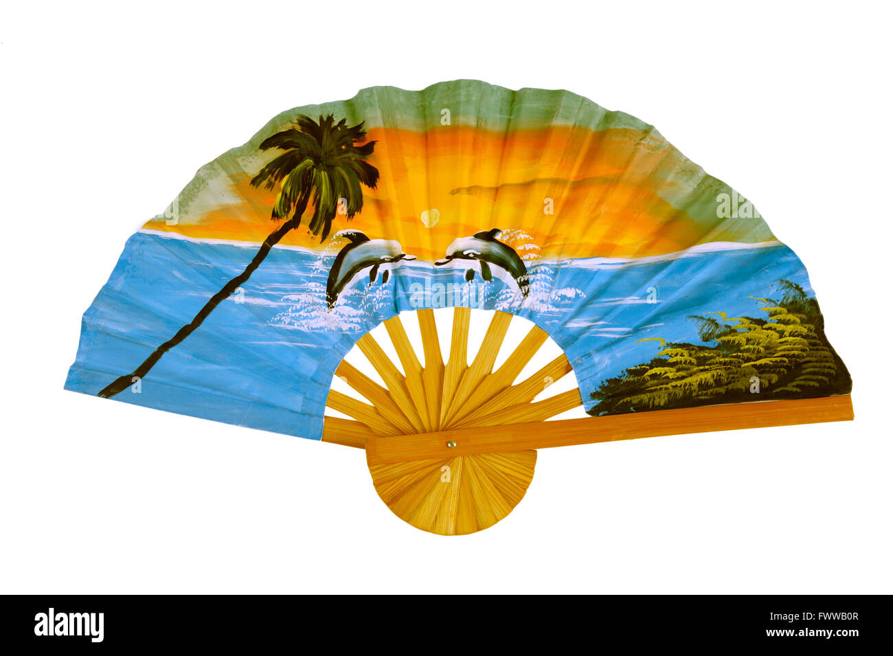 A fan with a picture of a tropical beach. Opened fan with pattern of