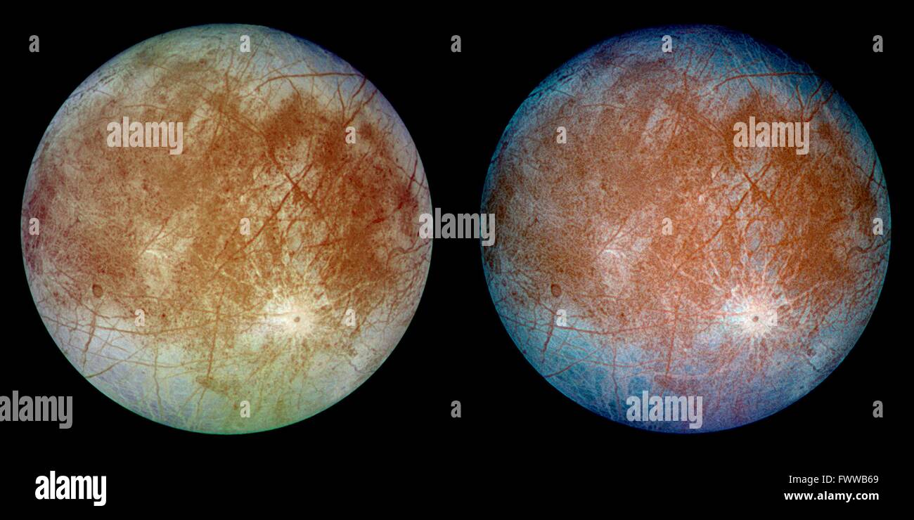 This image shows a view of the trailing hemisphere of Jupiter's ice-covered satellite, Europa, in approximate natural color. Long, dark lines are fractures in the crust, some of which are more than 3,000 kilometers long. The bright feature containing a central dark spot in the lower third of the image is a young impact crater some 50 kilometers in diameter. Europa is about 3,160 kilometers in diameter, or about the size of Earth's moon. This image was taken on September 7, 1996, at a range of 677,000 kilometers by the solid state imaging television camera onboard the Galileo spacecraft. Stock Photo