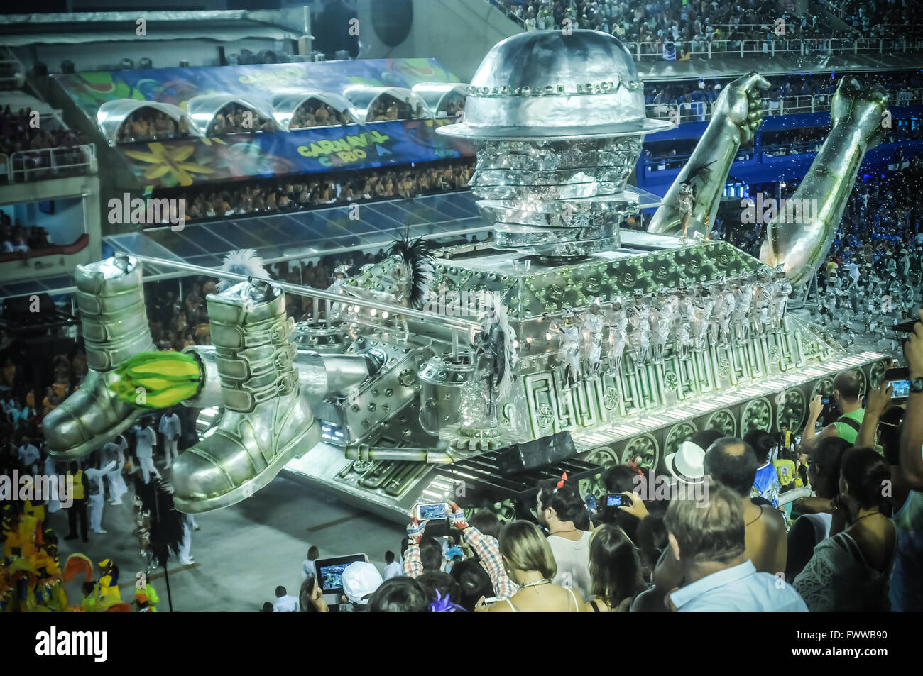 Unidos da Tijuca samba school parading at Rio Carnival 2016. Allegorical wagon and performers parading at the Sambodromo Stock Photo