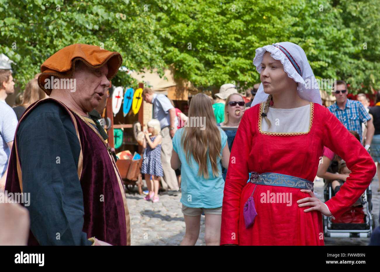 TURKU, ABO FINLAND ON JUNE 30, 2013. View of an outdoor performance at the Medieval Festival. Unidentified people. Editorial use Stock Photo